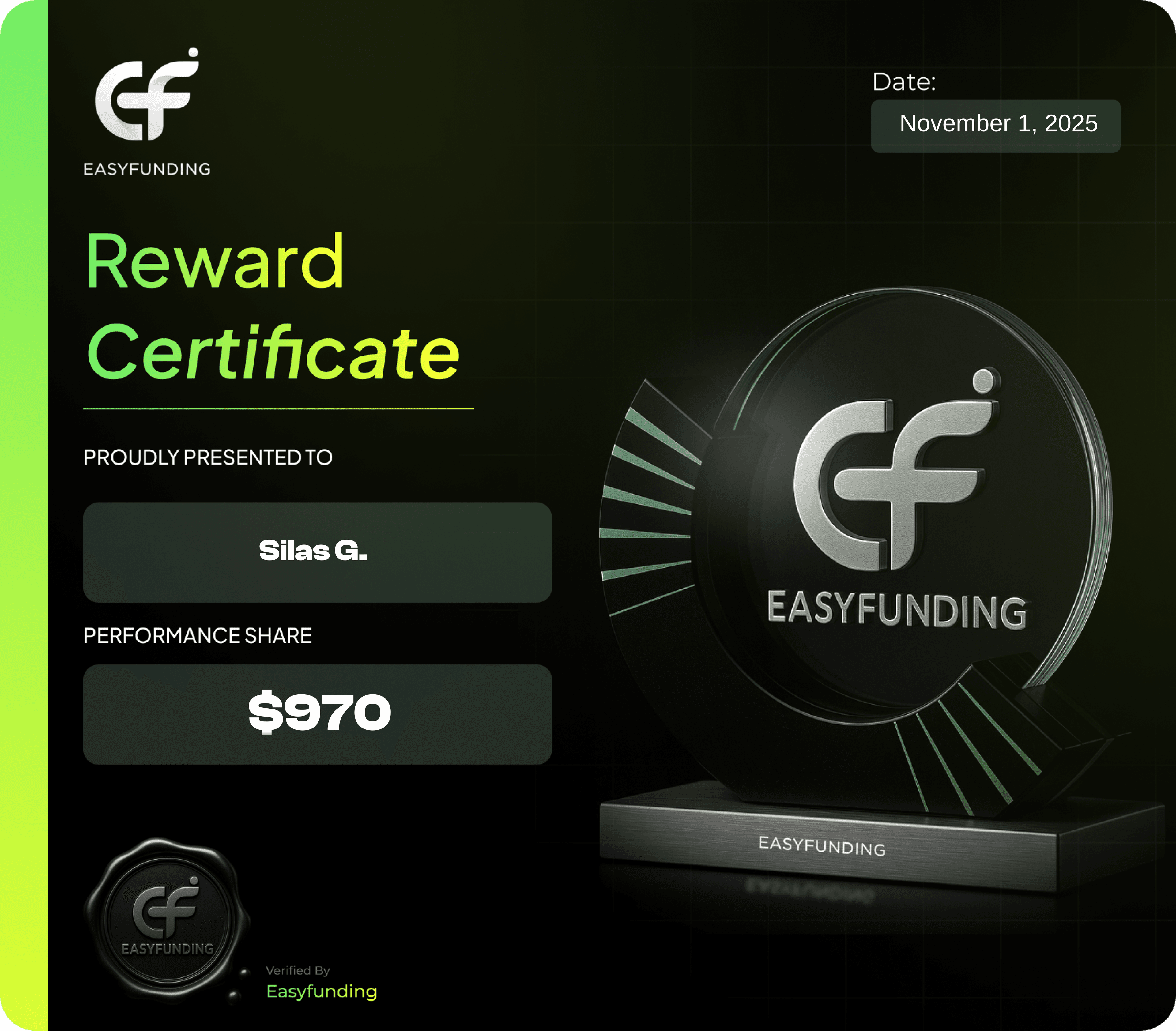 Silas G. Reward Certificate